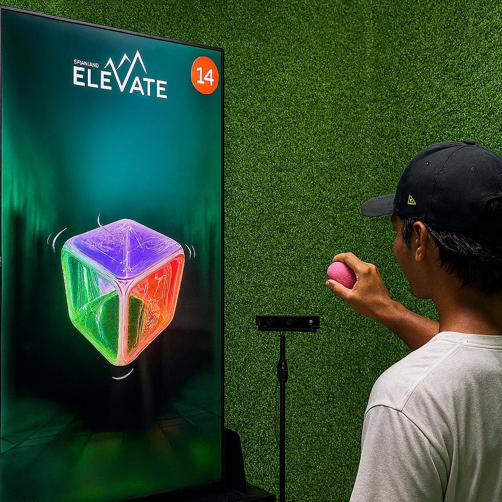 Guests playing Move Shake Pose AR game at a brand activation booth in Dubai event